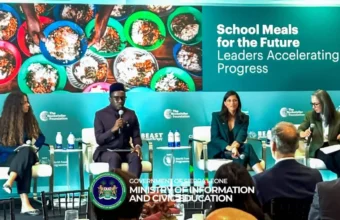 Chernor Bah speaking about school meals, education and local food production at a high-level event in New York
