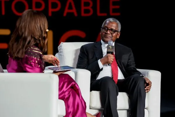 Aliko Dangote speaking during discussions on African industrialisation and investment at Unstoppable Africa 2026 in New York