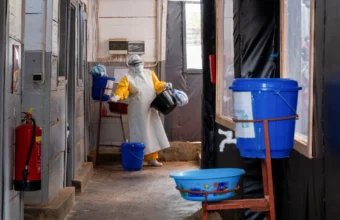 Health workers responding to an Ebola outbreak in the Democratic Republic of the Congo