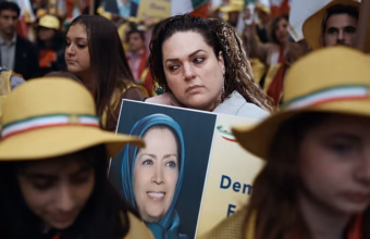 Iranian Americans and supporters rally outside the United Nations headquarters in New York