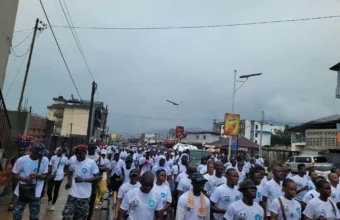 Participants in Sierra Leone’s nationwide peace walk gather during the International Day of Peace commemoration